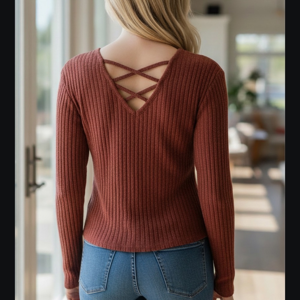 Rust Ribbed Tie-Front Top - Picture 2 of 2